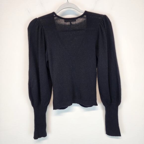 Frame Cashmere Sweater Size M Black Cropped Bell Sleeve Shirred V-neck Luxe Chic - Picture 5 of 14